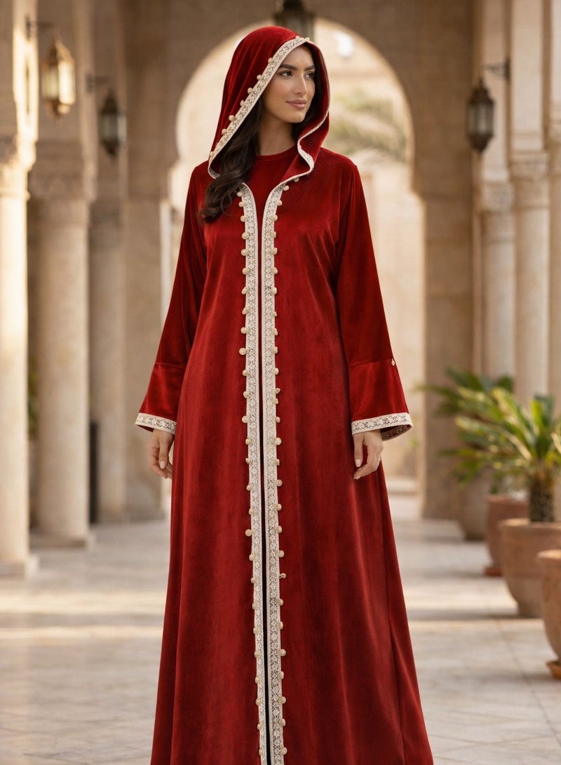 Women's Velvet Ramadan Hooded Kaftan with Lace Trim, Long Sleeve Abaya Robe - Image 1